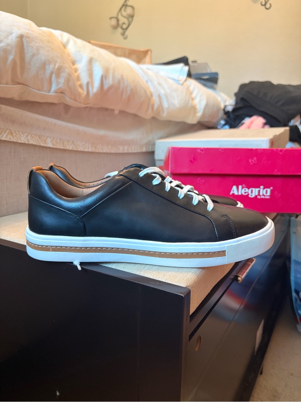 Women's Black Leather Low-Top Sneaker with White Sole
